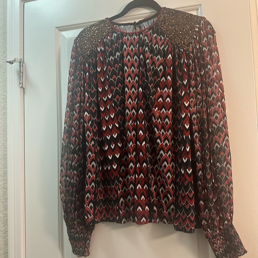 Woven Peasant Blouse with Beaded Yoke - Red Multi